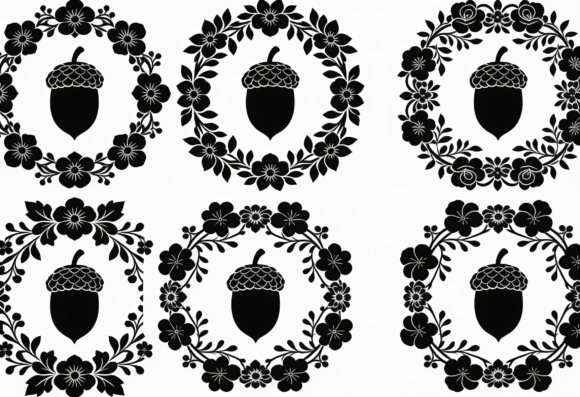 Acorn Floral Wreath Clipart Black