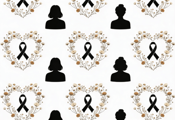 Black Ribbon Heart Floral Silhouette