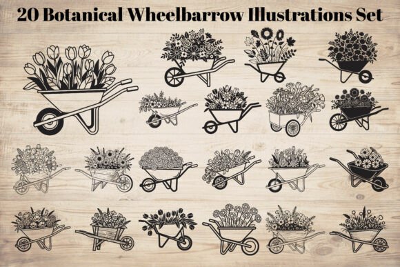 Botanical Wheelbarrow Illustrations SVG