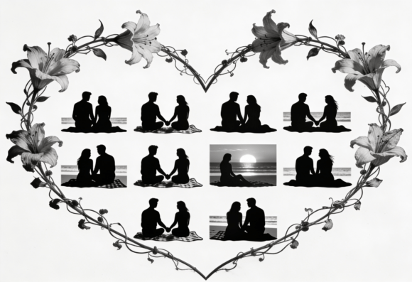 Couple Silhouette Heart Lily Floral
