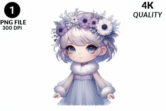 Cute Chibi Winter Girl Floral Wreath PNG