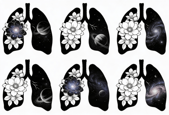 Floral Galaxy Lungs Black White Clipart