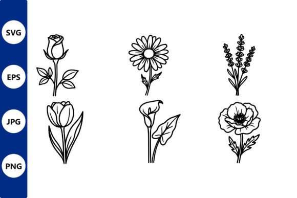 Floral Line Art Set Rose Tulip Poppy