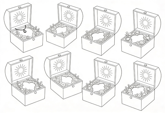 Floral Sun Jewelry Box Line Art Clipart