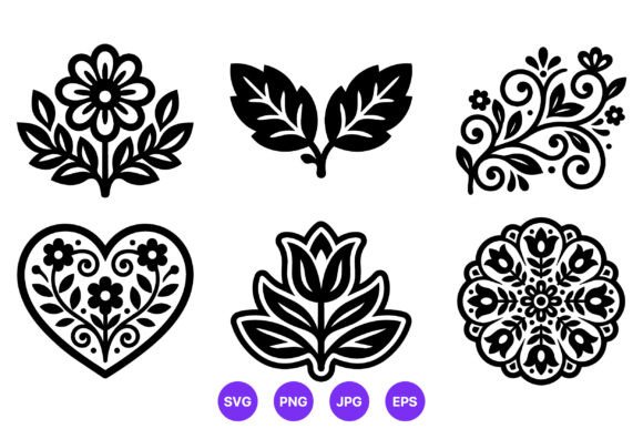 Folky Floral Black White Vector Icons